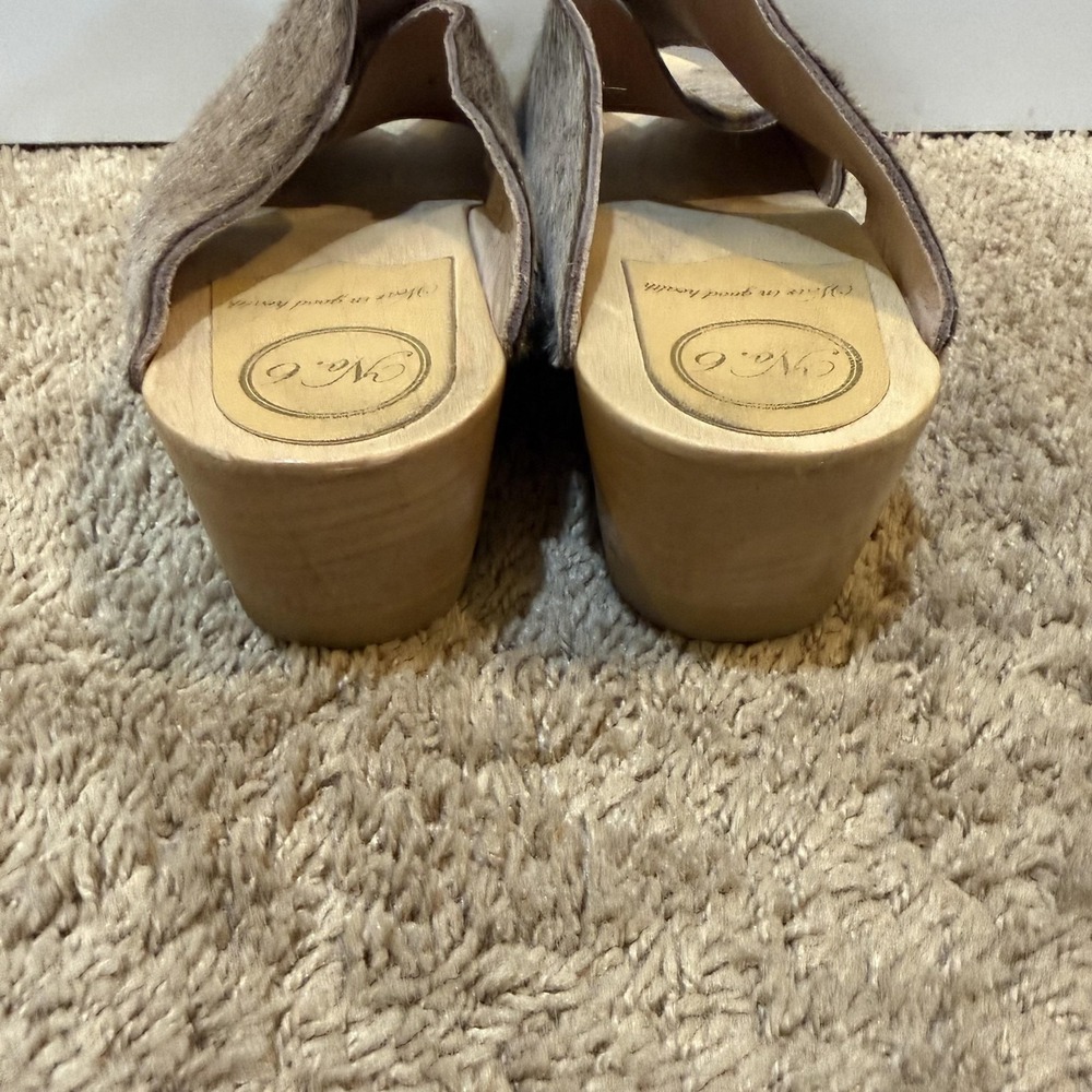 No.6 Clog Sandals Womens Size 12 Brown Haircalf Wooden Platform Wedge Slides - Picture 4 of 9